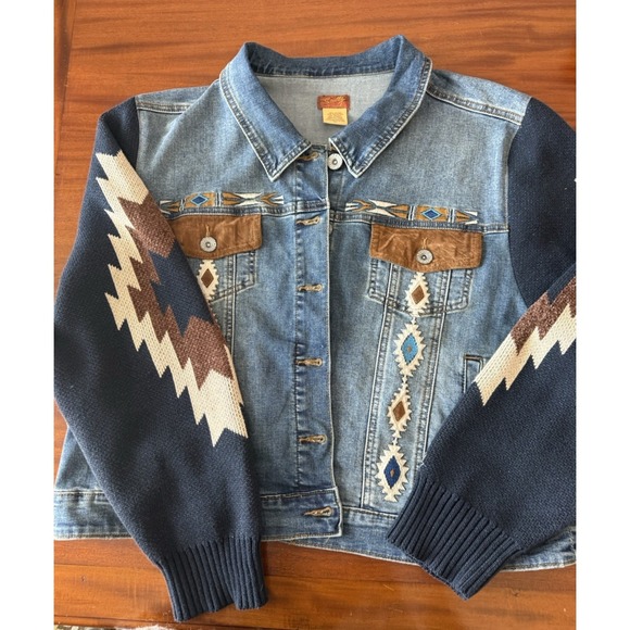 Scully Denim Jacket 2XL Aztec Embroidered Knit Sleeve Western Boho Stretch - Picture 10 of 12